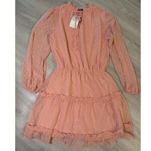 BTFBM Pink Swiss Dot Tiered Ruffle Dress Long Sleeve Tie Neck